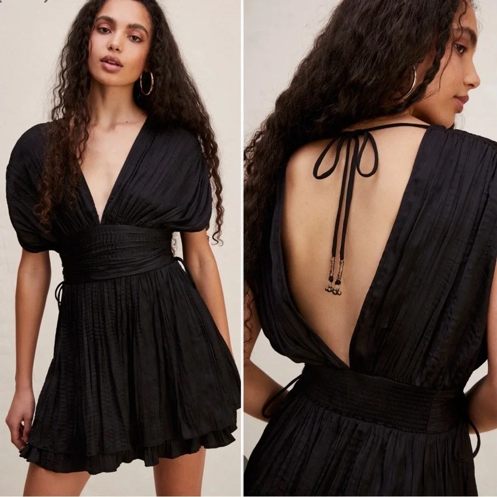 Free People Bonnie‎ Mini Dress Size XS Black Textured Flowy Boho Tie Back